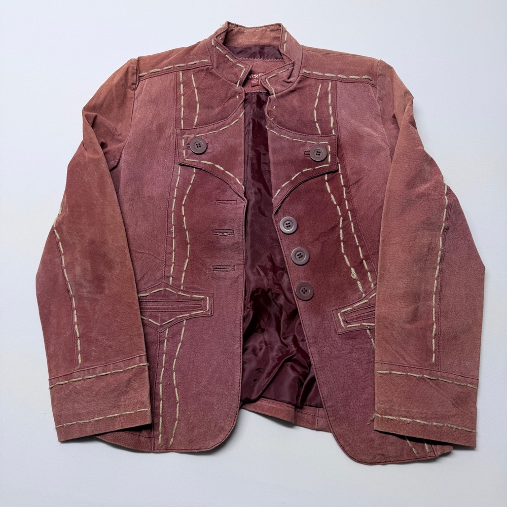 Jennyfer J Mauve Leather Whipstitch Jacket S Boho Western Suede Mandarin Coat